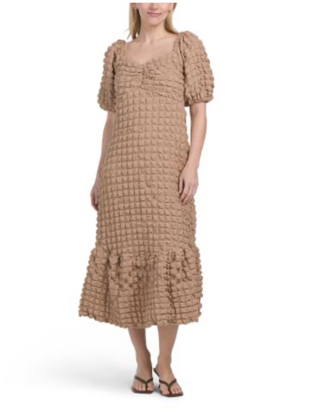 NWT In February Textured Puff Sleeve Dress in Taupe